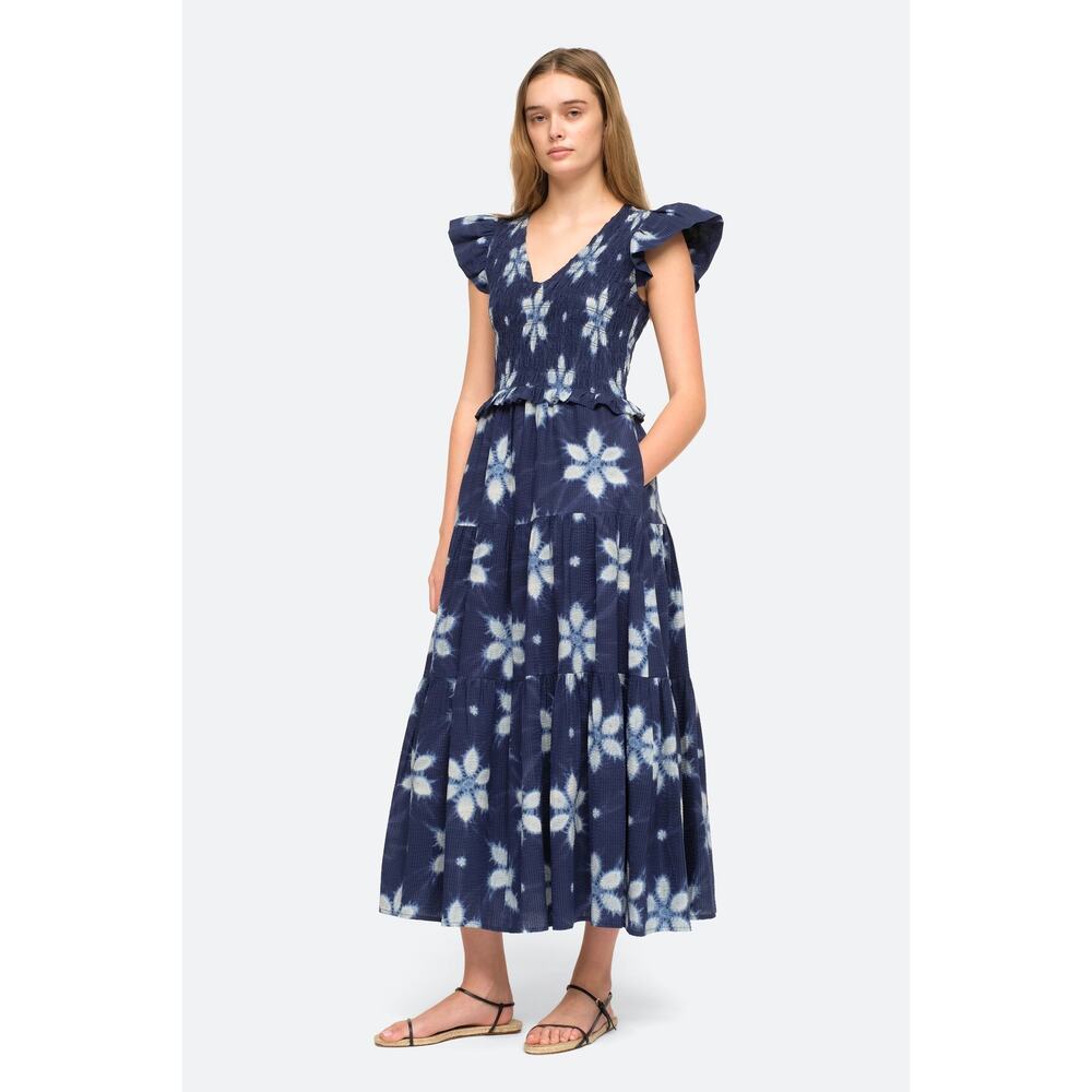 SEA Isla Midi Dress Navy Print Smocked Cotton Peasant Flutter Sleeve Women's 4